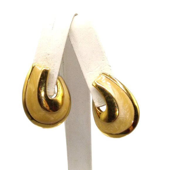 Napier Enamel Swoop Earrings, Vintage Gold Tone Adjustable Clip Ons in Beige - Picture 1 of 4